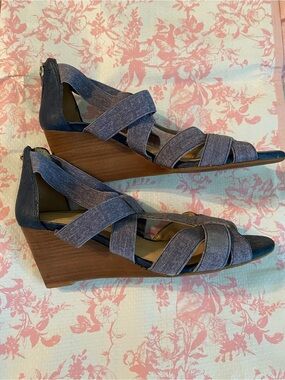 Womens Blue Denim Strappy Wedge Sandals